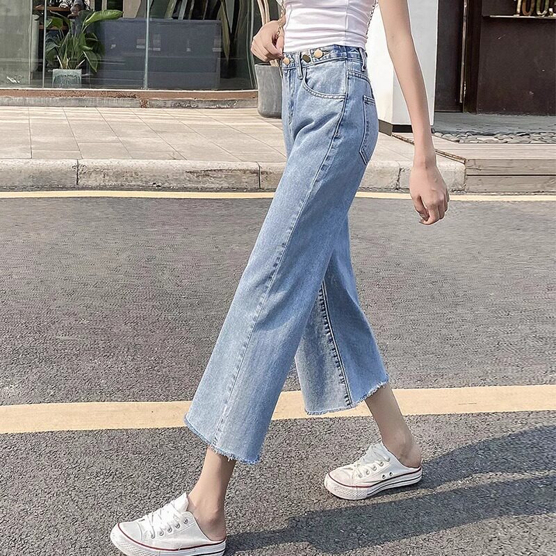宽松直筒阔腿八分牛仔裤女夏季新款高腰显瘦小个子显高七分裤九分