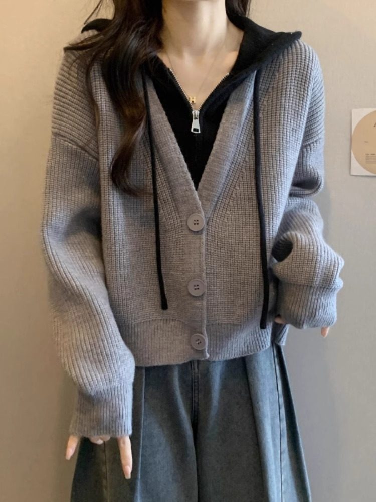 休闲流行短款连帽毛衣外套女秋冬大码胖mm显瘦假两件针织开衫上衣