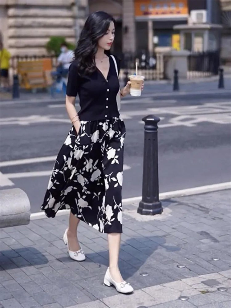 中长款半身裙套装2025夏季新款显瘦开衫上衣时尚减龄连衣裙两件套