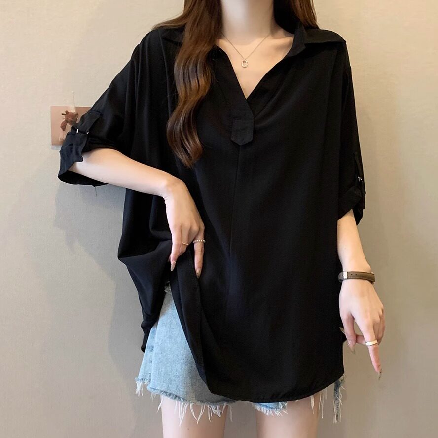 中长款v领雪纺短袖衬衫女夏季大码胖mm宽松慵懒风设计感小众上衣