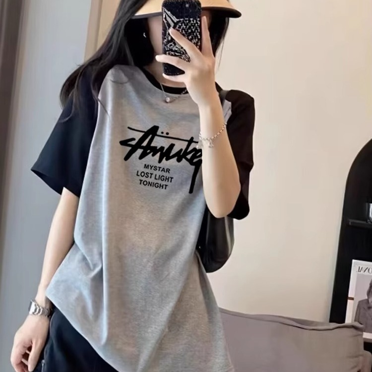 插肩袖纯棉短袖t恤女2025新款中长款韩版宽松大码遮屁股上衣夏季