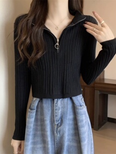 针织打底衫女秋季小个子毛衣修身独特别致半拉炼短款洋气卡腰上衣