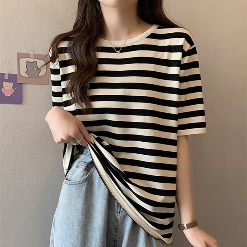 胖mm宽松遮肚显瘦条纹短袖t恤女夏季新款减龄百搭条纹打底衫上衣