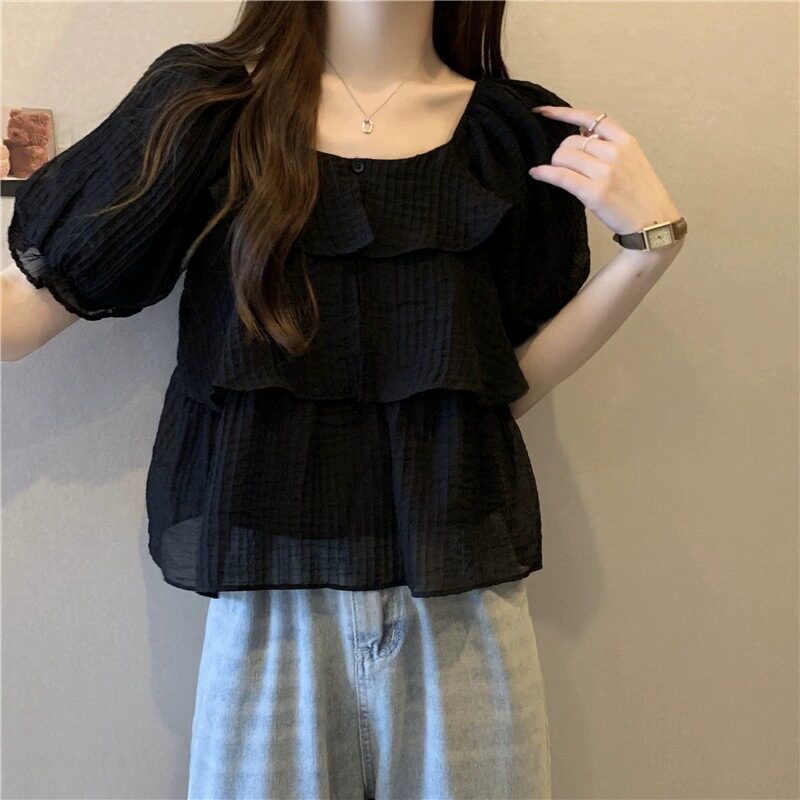 法式方领短袖雪纺上衣女小个子2025夏季新款遮肚子显瘦短款娃娃衫