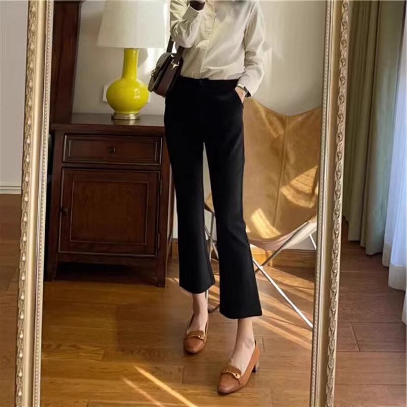 微喇叭裤女九分夏季薄款黑色高腰显瘦垂感休闲小个子西装微喇裤子