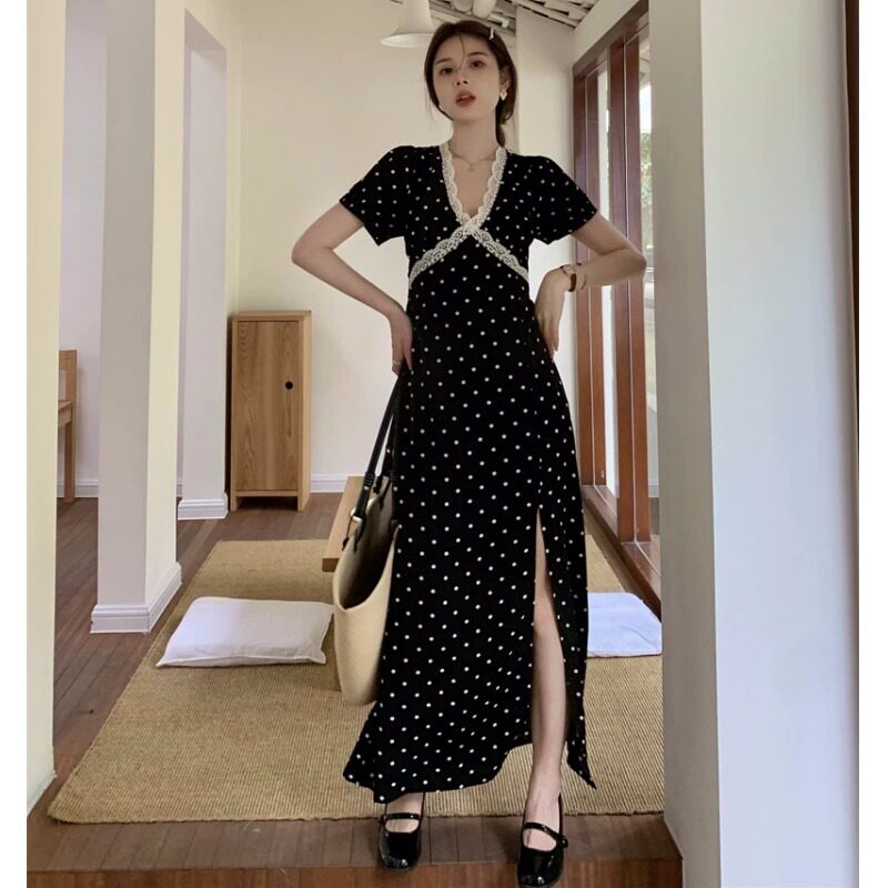 大码胖mm法式蕾丝显身材连衣裙女2025夏季收腰显瘦波点高级感裙子