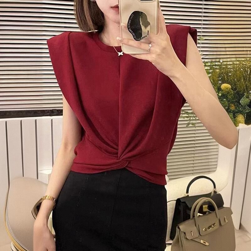 小众设计感交叉扭结短款t恤女2026新款夏季红色正肩无袖背心上衣