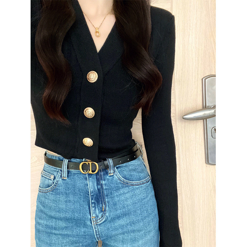 黑色v领针织开衫女春秋季毛衣外套2025年上衣短款内搭打底衫修身