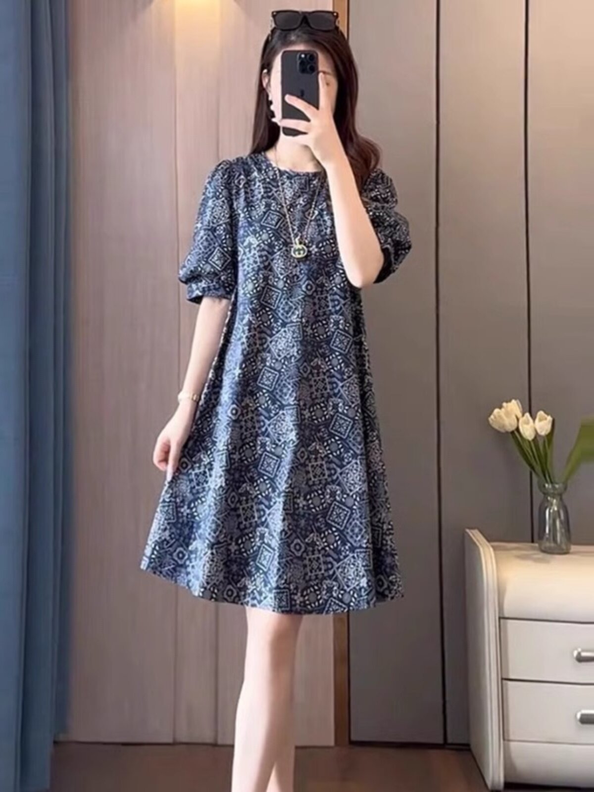 欧货高端大码宽松碎花简约中长裙子夏季新款短袖遮肉时尚连衣裙女