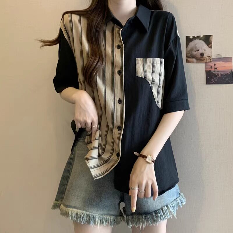设计感条纹拼接黑色短袖衬衫女夏季新款大码胖mm显瘦遮肚休闲上衣