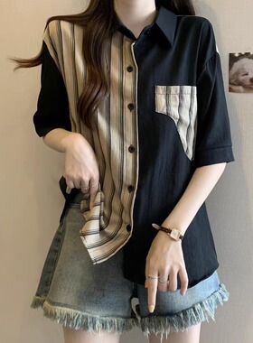 设计感条纹拼接黑色短袖衬衫女夏季新款大码胖mm显瘦遮肚休闲上衣