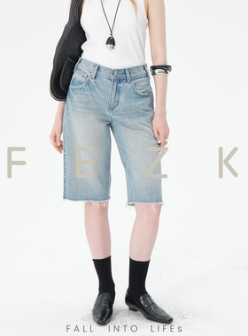 FEZK Explore•松弛感美学设计 复古做旧毛边高腰直筒五分裤FS059