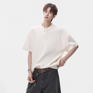 简约风亨利领短袖 宽松休闲白色上衣纯色落肩袖 男士 T恤男2026夏季