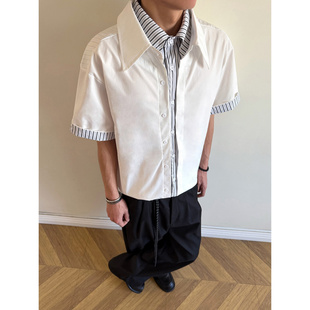 2026夏装新款重磅美式假两件休闲短袖潮流衬衫宽松翻领开衫上衣男