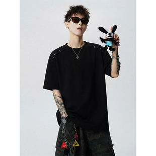 美式 T恤2026夏装 新款 百搭cleanfit解构上衣 高街重磅拼接正肩短袖