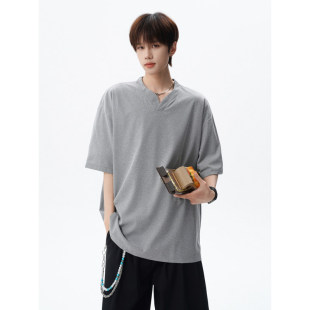 短袖t恤男款2026夏季新款美式薄款垂感小V领七分袖加肥加大码上衣