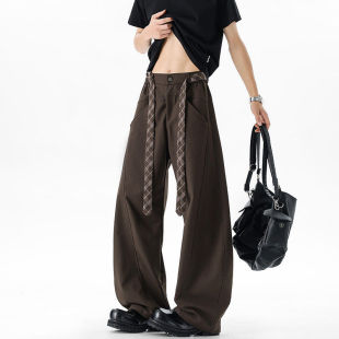 2026夏季新款美式潮流腰带设计感西裤男大码宽松阔腿弯刀裤直筒裤