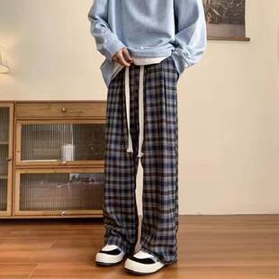 2026夏装新款美式格子休闲裤hiphop慵懒宽松阔腿裤垂感弯刀拖地裤