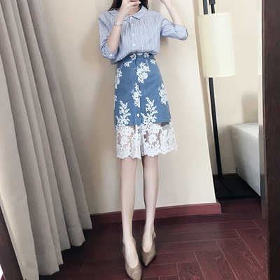 小心机bf女晚晚风港味学生衬衫牛仔蕾丝套装网红复古时尚两件套夏