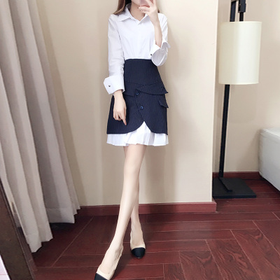 2018新款女装春装潮春季长袖衬衫裙短裙子两件套时尚名媛女神套装