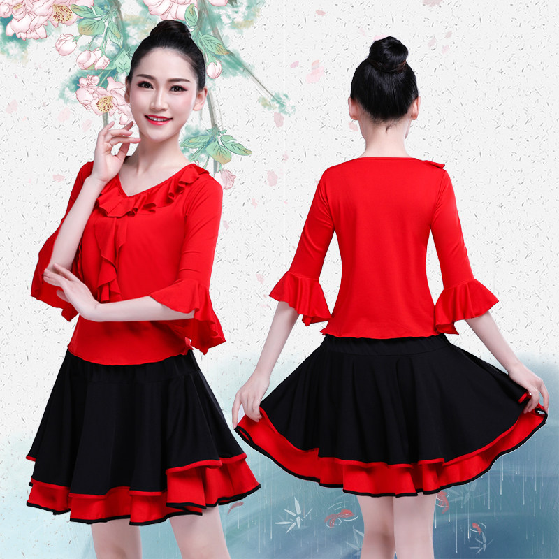 2019广场舞服装新款套装女中老年大红色牛奶丝料夏季水兵舞蹈服装