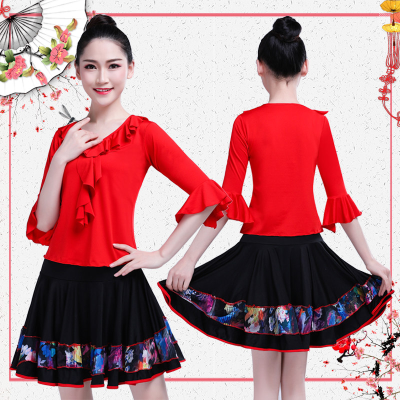 2019广场舞服装新款套装女中老年大红夏季短袖短裙子水兵舞蹈服装