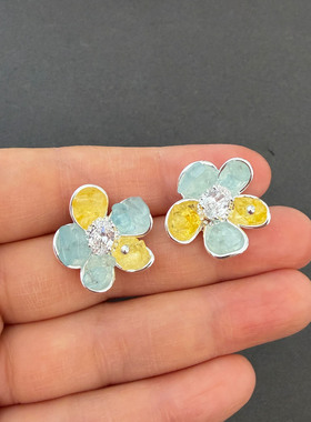彩色花朵耳钉仿水晶甜美百搭轻奢气质铜质S925银针