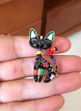 可爱彩色斑斓小黑猫少女感别针胸针