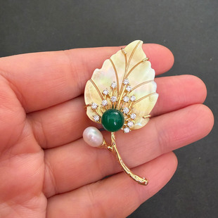 天然贝壳树叶造型优雅天然淡水珍珠别针胸针