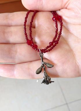 枪黑玫瑰吊坠双层天然石串珠项链