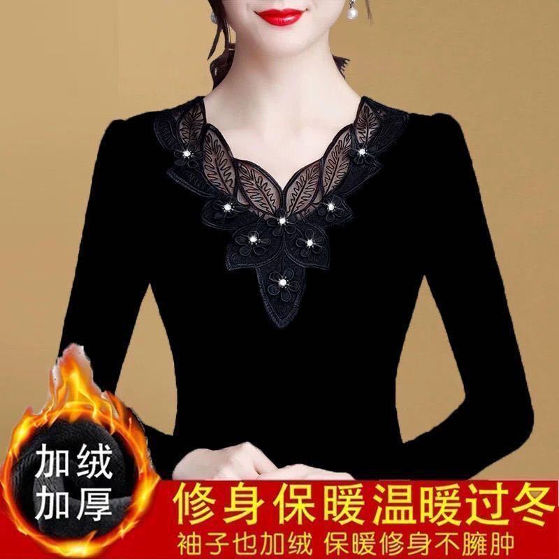 薄款/加绒 加厚2020新款保暖黑色打底衫V领大码胖MM长袖T恤上衣女