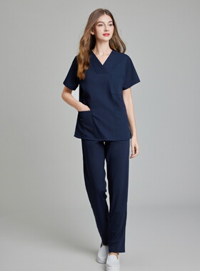 韩式女士宽V领边医生护士分体服宠物医院美容会所刷手衣短袖套装