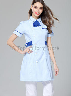 夏季女士薄款浅蓝色轻熟短袖护士服美容整形医院护理连体长裙收腰