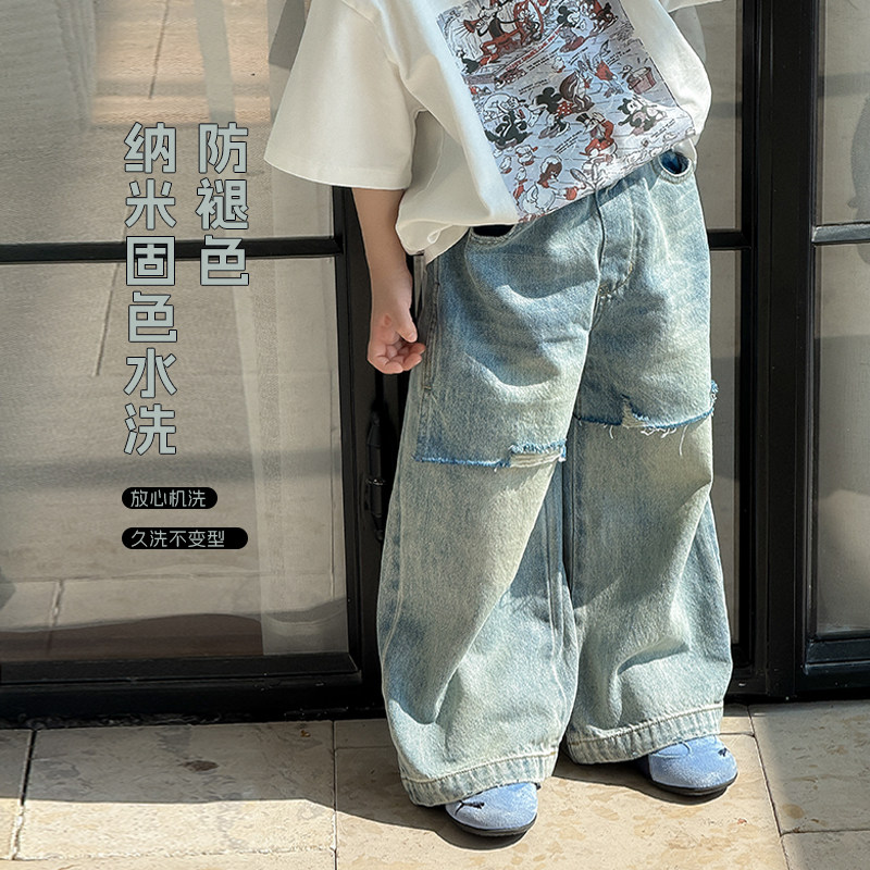 2025春夏新款男童小童韩版假两件牛仔裤儿童时尚裤子小童裤子潮