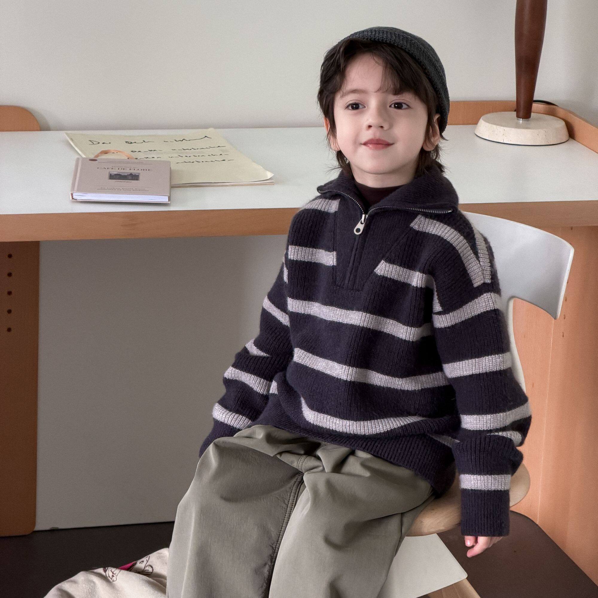 65元包邮 秋冬新款儿童条纹翻领毛衣男女童洋气针织上衣潮