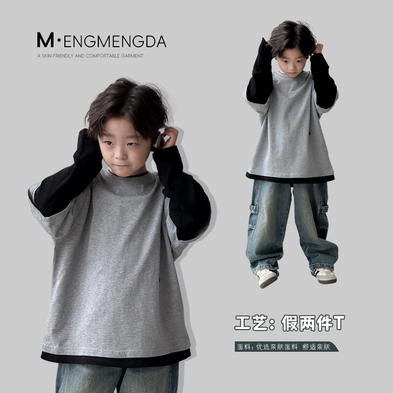 2025新款秋装韩版男女童假两件长袖T恤儿童韩版休闲上衣潮图片