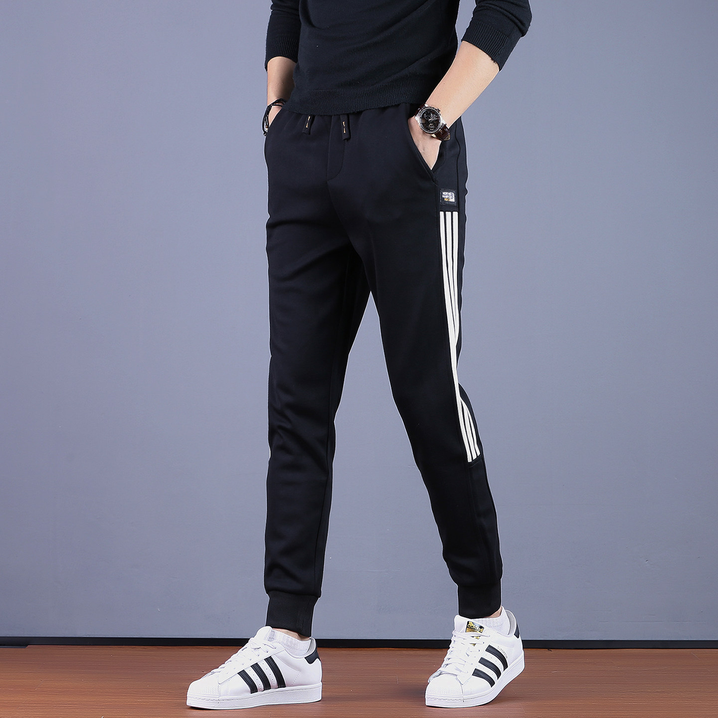 新款高端冬季加厚男休闲裤潮牌三道杠卫裤修身裤子秋冬男裤运动裤,男装,休闲裤,淘宝优惠券,粉丝福利购,淘宝优惠卷