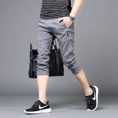 男韩版 修身 男士 夏季 冰丝运动裤 七分裤 宽松马裤 棉麻中裤 薄款 潮夏装