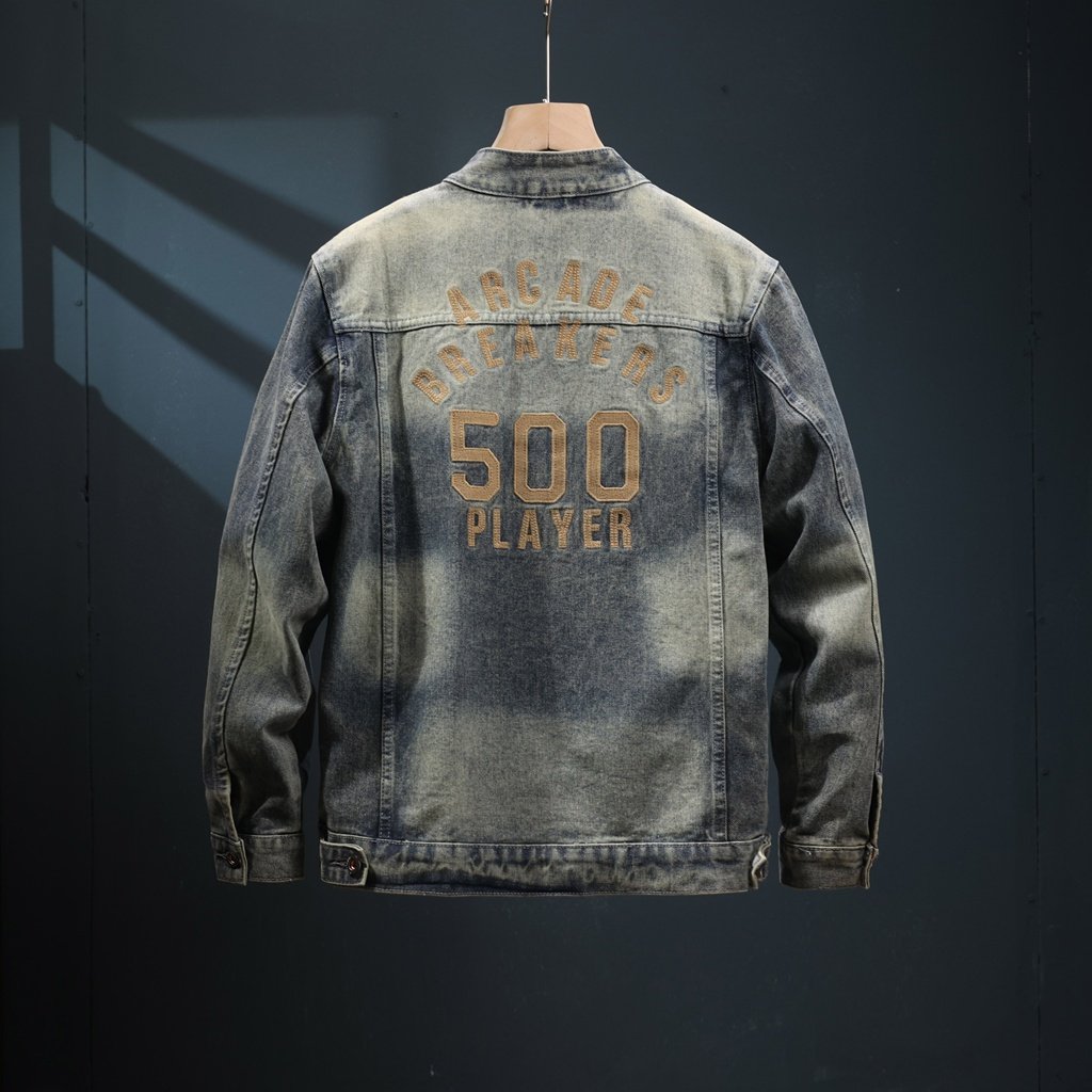 秋季宽松美式牛仔外套男字母绣花复古工装休闲夹克百搭翻领上衣