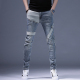 新款 修身 弹力裤 冬季 拼接潮流休闲男裤 牛仔裤 子男流行个性 高端男士