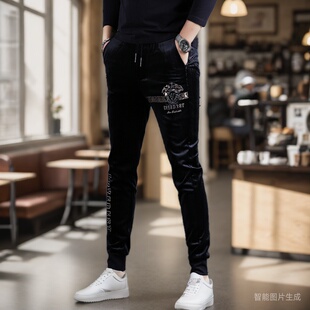 男士金丝绒加绒休闲裤运动裤男款裤子卫裤潮牌男裤欧洲站冬季男装