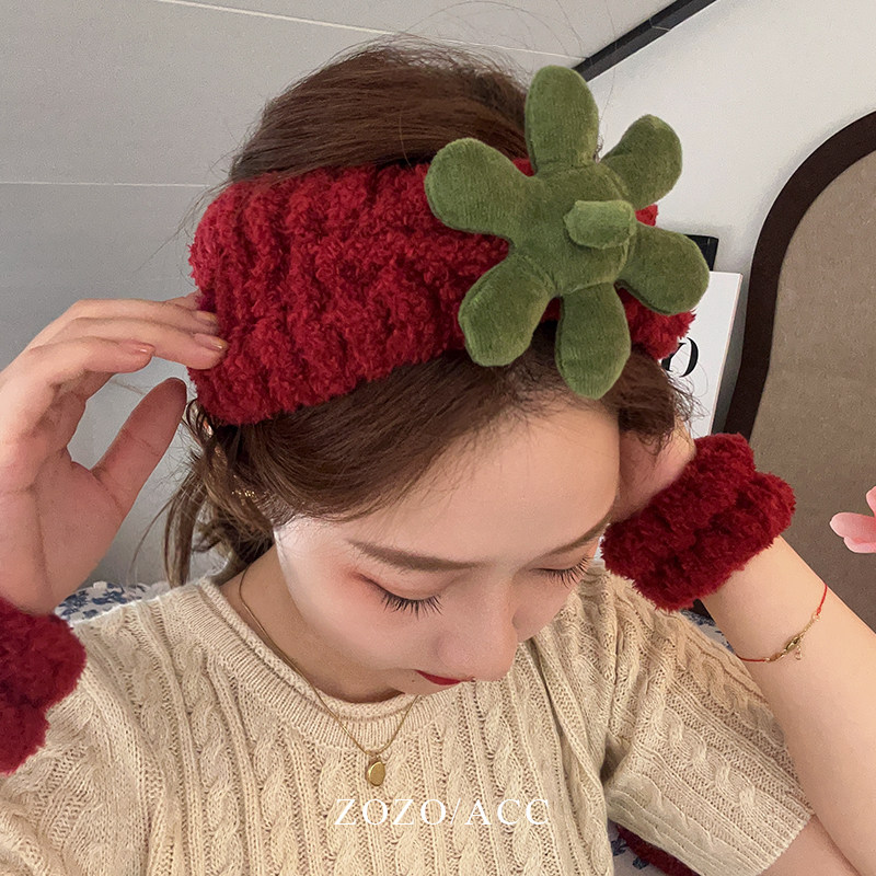 可爱草莓发箍女洗脸发带头箍高颅顶压发捆宽边发卡发带防水手腕带