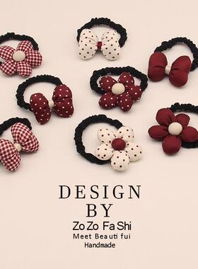 红色花朵发圈女橡皮筋2026秋冬新款发绳黑色皮套高马尾固定扎头绳