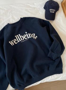 KAKASA WELLBEING宽松圆领墨绿卫衣美式复古藏蓝套头休闲上衣