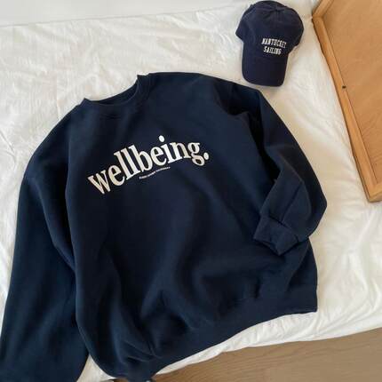 KAKASA WELLBEING宽松圆领墨绿卫衣美式复古藏蓝套头休闲上衣