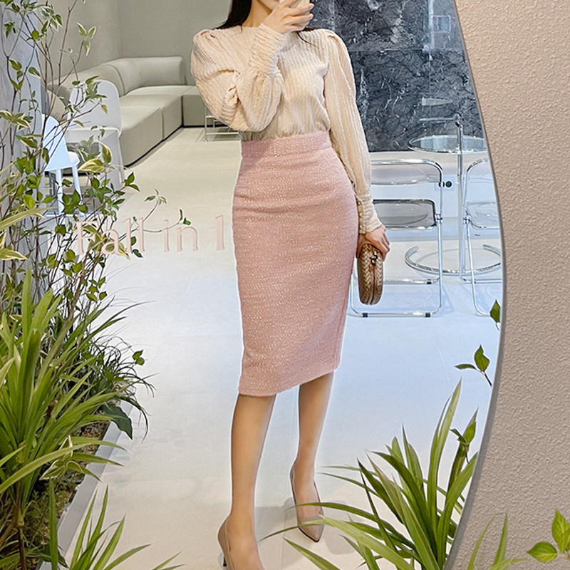 小香风半身裙高端裙子女冬季闪闪亮丝高级感粉色气质包臀毛呢半裙