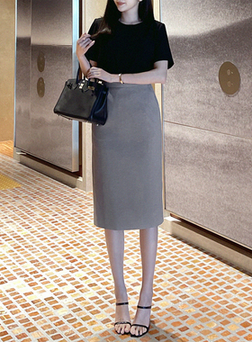 灰色半包裙女双插口袋春季高腰包臀裙通勤纯色西装裙显瘦中长款