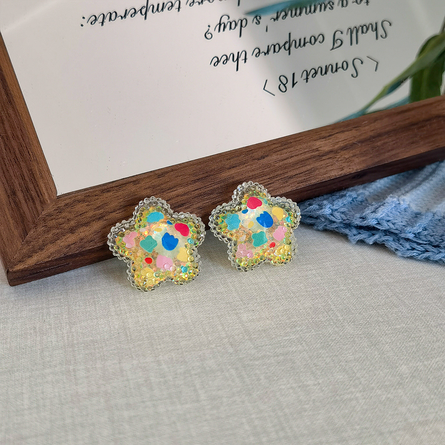 生物瓷耳钉防过敏养耳洞彩色多巴胺五瓣花树脂耳环夸张少女心耳夹