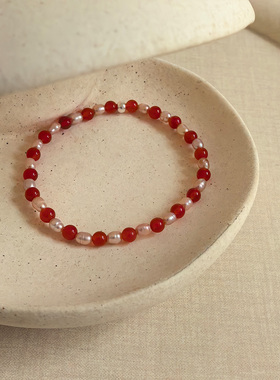 新款925纯银天然珍珠红玛瑙圆珠手链女简约新中式设计串珠手饰