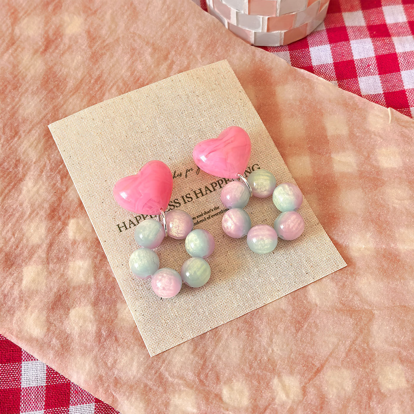 2026新款油画风梦幻晕染树脂生物瓷耳钉甜美爱心彩色耳环粉色耳夹